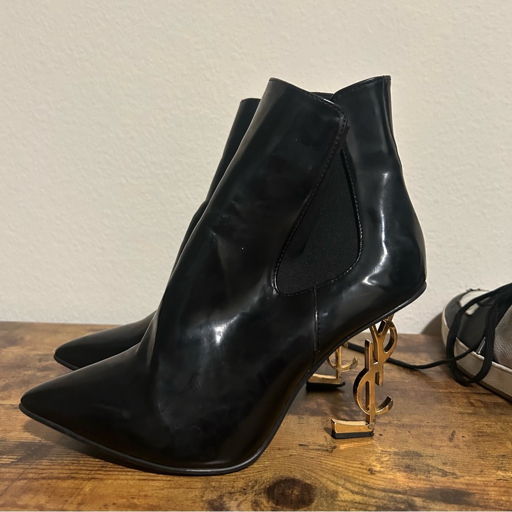 Elegant Black Ankle Boots with Gold Heel